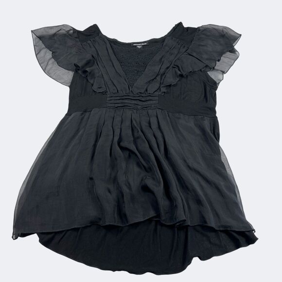 Michael Simon Tops - Michael Simon Silk Blend Blouse Black V-Neck Sheer Flutter Sleeve Romantic XL